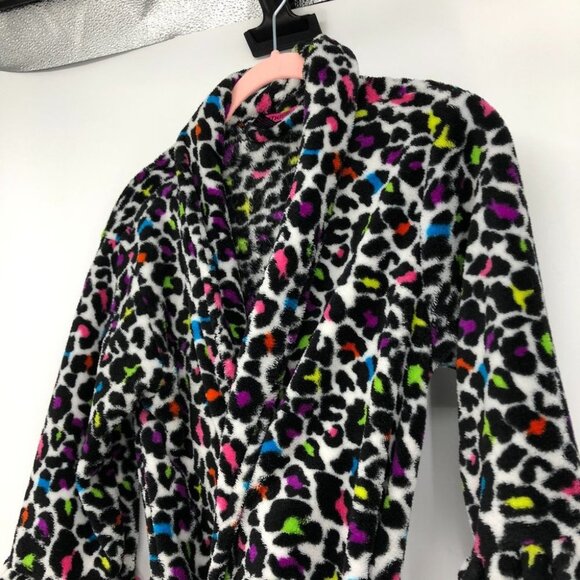 Hotkiss Fuzzy robe leopard rainbow print short length waist tie S - Picture 6 of 15
